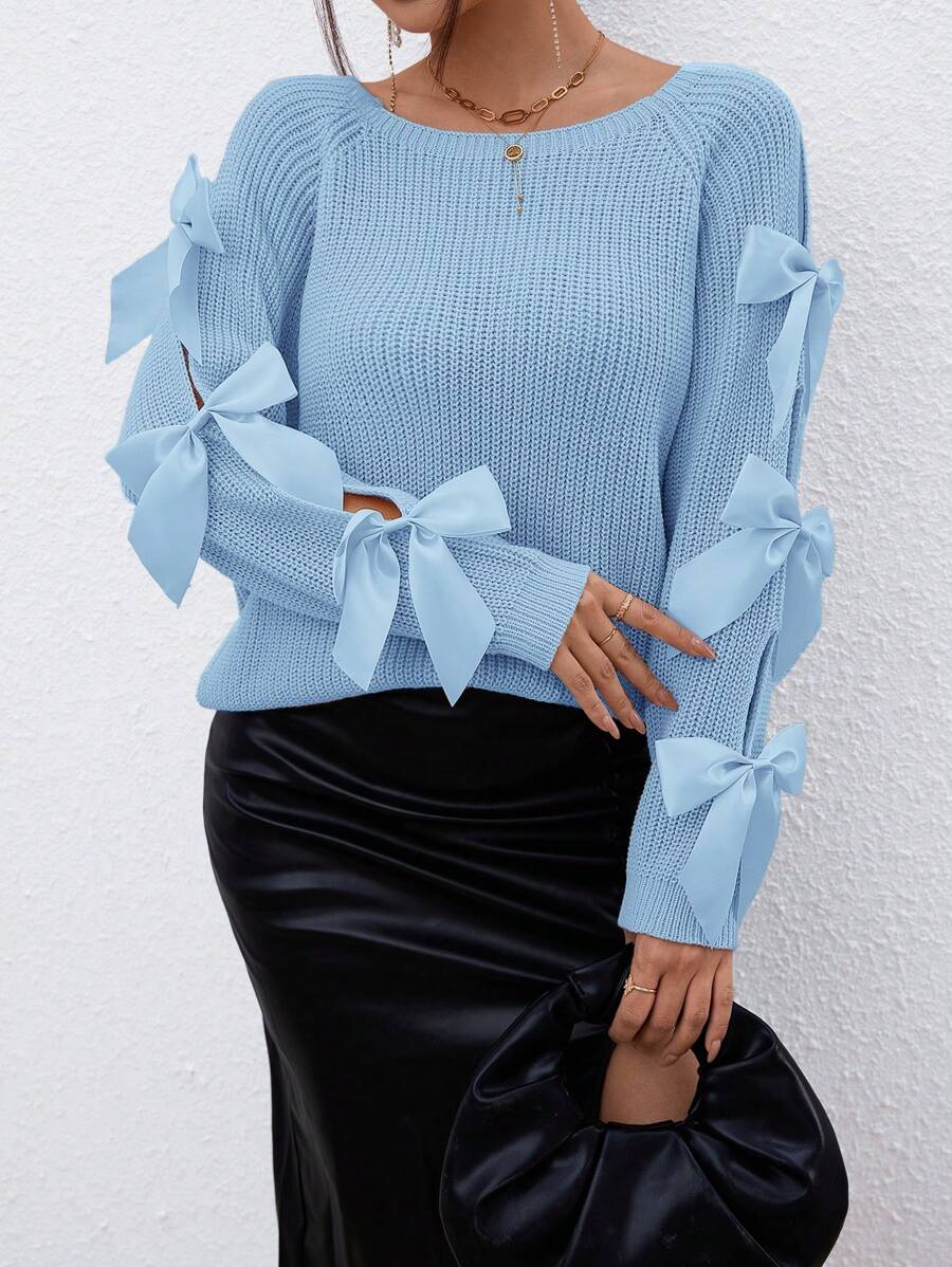 Firerie Casual Solid Color Hollow Out Bow Decor Long Sleeve Sweater, Autumn/Winter - Blue - View 1