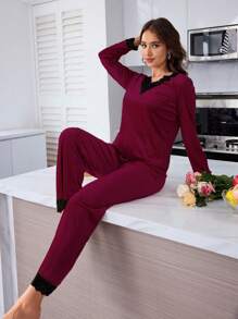 Women Elegant Pink Velvet Lace Trim Long Sleeve 2pcs Comfortable Lounge Set, Mommy And Me Matching Outfits (3 Sets Sold Separately) - Burgundy - View 6