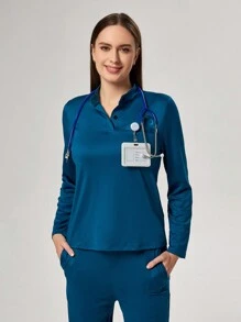 TaskEZ Women Simple Solid Button Half Placket Top And Pants Scrub Uniform Set - Teal Blue - View 5