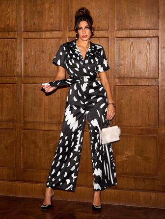 ISELACOS Designer Printed Flap Pockets Drop Shoulder Shirt Jumpsuit, For Holiday, Vacation, Spring, Beach, Festival, Ibiza Fits