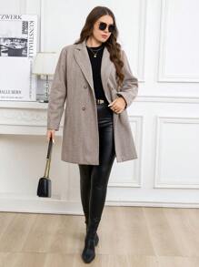 SHEIN Clasi Plus Size Women Herringbone Pattern Shawl Collar Double-Breasted Casual Jacket, Autumn/Winter Fall - Apricot - View 5