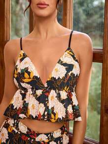 JIAN LASALA Women Multicolor Pajama Sets Spaghetti Strap Sleeveless Plants,All Over Print Summer Outfits For Women Summer Pajama Sets Vacation Outfits Going Out