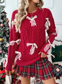 SHEIN LUNE Bow Decor Crew Neck Long Sleeve Pullover Sweater, Knit Pullover Fall Winter - Red - View 6