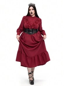 Whyspr 大码女式朋克哥特式拼布荷叶边长袖中长连衣裙 - 酒紅色 - 查看 3