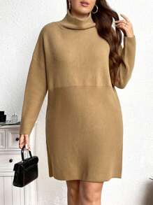 SHEIN LUNE Plus Size Casual Daily Simple Solid Turtleneck Loose Knit Sweater Dress, For Autumn/Winter