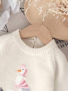 SHEIN Vintaside Kids 1pc Casual Pink Baby Girl Sweater, Duck Embroidered Hooded Long Sleeve Top, Layering Knitted Sweater - Beige - View 5