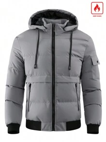 Manfinity Homme Men Flap Pocket Drawstring Hooded Padded Coat, For Fall Winter - Grey - View 3