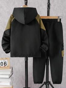 SHEIN Tween Boys Outdoor Patchwork Print Thermal Lined Set For Autumn/Winter - Black - View 2