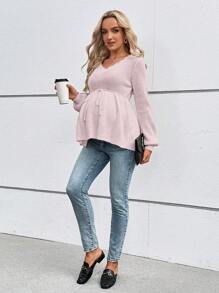 SHEIN Maternity Casual Ruffle Collar Lantern Sleeve Bowknot Waist Sweater, For Winter