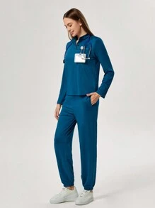 TaskEZ Women Simple Solid Button Half Placket Top And Pants Scrub Uniform Set - Teal Blue - View 4