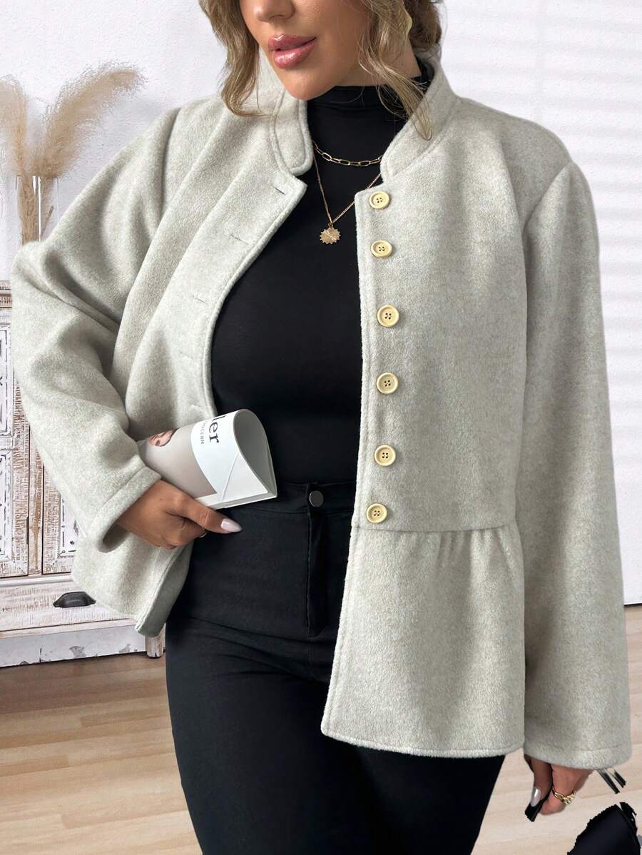 Plus Size Women's Single-Breasted Ruffled Hem Short Casual Jacket, Autumn/Winter Fall Cloth For Women - Light Grey - View 1