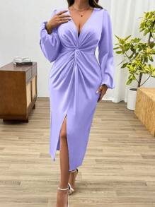 Celure Plus Size Vrouwen Effen Kleur V-hals Lantaarn Mouw Twist Taille Split Zoom Elegante Jurk, Herfst Maxi Vrouwen Outfit