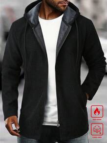 Manfinity Homme 男士休闲纯色保暖内衬连帽夹克，秋冬 - 黑色 - 查看 4