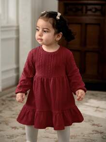 Cozy Pixies Baby Girls' Round Neck Solid Color Puff Sleeve Waisted Ruffle Hem Dress