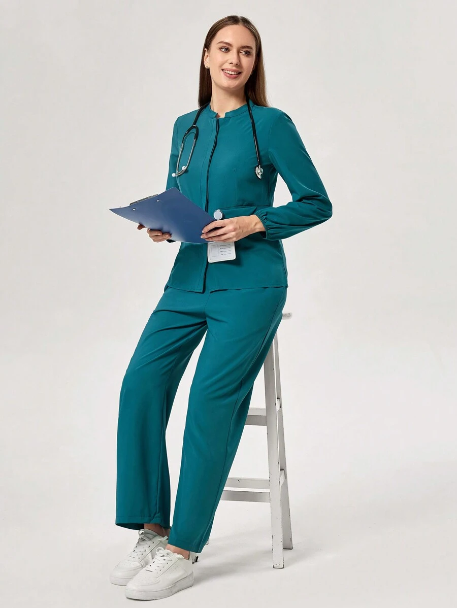 TaskEZ Solid Color Zipper Front Pocket Long Sleeve Top And Pants Nursing Scrub Uniform Set - Green - View 1