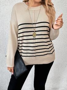 SHEIN LUNE Plus Size Women Stripe Round Neck Drop Shoulder Long Sleeve Casual Knit Pullover Sweater, Autumn/Winter Knit Pullover Fall Outfit