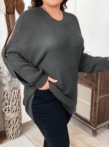 Calvaya Plus Size Solid Color Crew Neck Casual Pullover Long Sleeve Sweater, For Winter Knit Pullover Fall Outfit - Dark Grey - View 6