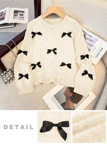 Tween Girls Loose Fit Crew Neck Pullover Sweater, Casual Yet Sweet With Bow Decor, Long Sleeve,In Fall/Winter - Apricot - View 3