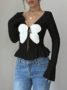 Elenzga Women's Contrast Butterfly Pattern Flare Sleeve Tie Front Ruffle Hem Cardigan - Black - View 6