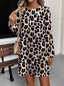 SHEIN LUNE Women's Casual Leopard Print Loose Fit Crew Neck Long Sleeve Dress