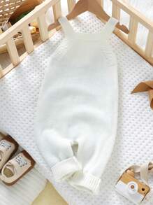 Baby Boy Light Green Fashionable Casual Minimalist Knitted Jumpsuit With Bib Overalls - White - View 2