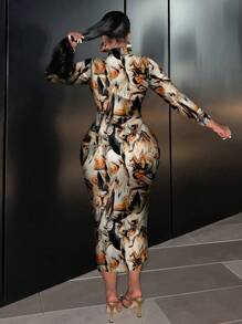 Slaydiva Ripple Print Casual Minimalist Plus Size Long Sleeve Round Neck Slim Fit Dress For Women, Spring/Autumn Chic Dress - Multicolor - View 2