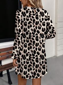 SHEIN LUNE Women's Casual Leopard Print Loose Fit Crew Neck Long Sleeve Dress