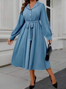 Celure Plus Size Women's Spring/Summer Long Sleeve Button Half Placket Casual Dress - Blue - View 6