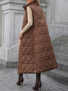 SHEIN LUNE Stand Collar Button Pants Vest Jacket, Casual Daily Wear Thermal - Coffee Brown - View 2