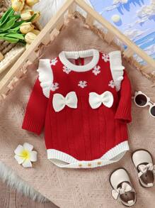 SHEIN 1件粉色提花女婴连体毛衣，荷叶边长袖，3D蝴蝶结三角裤底