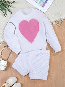 Girls Casual Heart Pattern Sweater And Loose Fit Shorts Outfit,White And Pink,Autumn,Cute,School New Design Back To School Outfit,Party Daily Wear Set - White - View 1