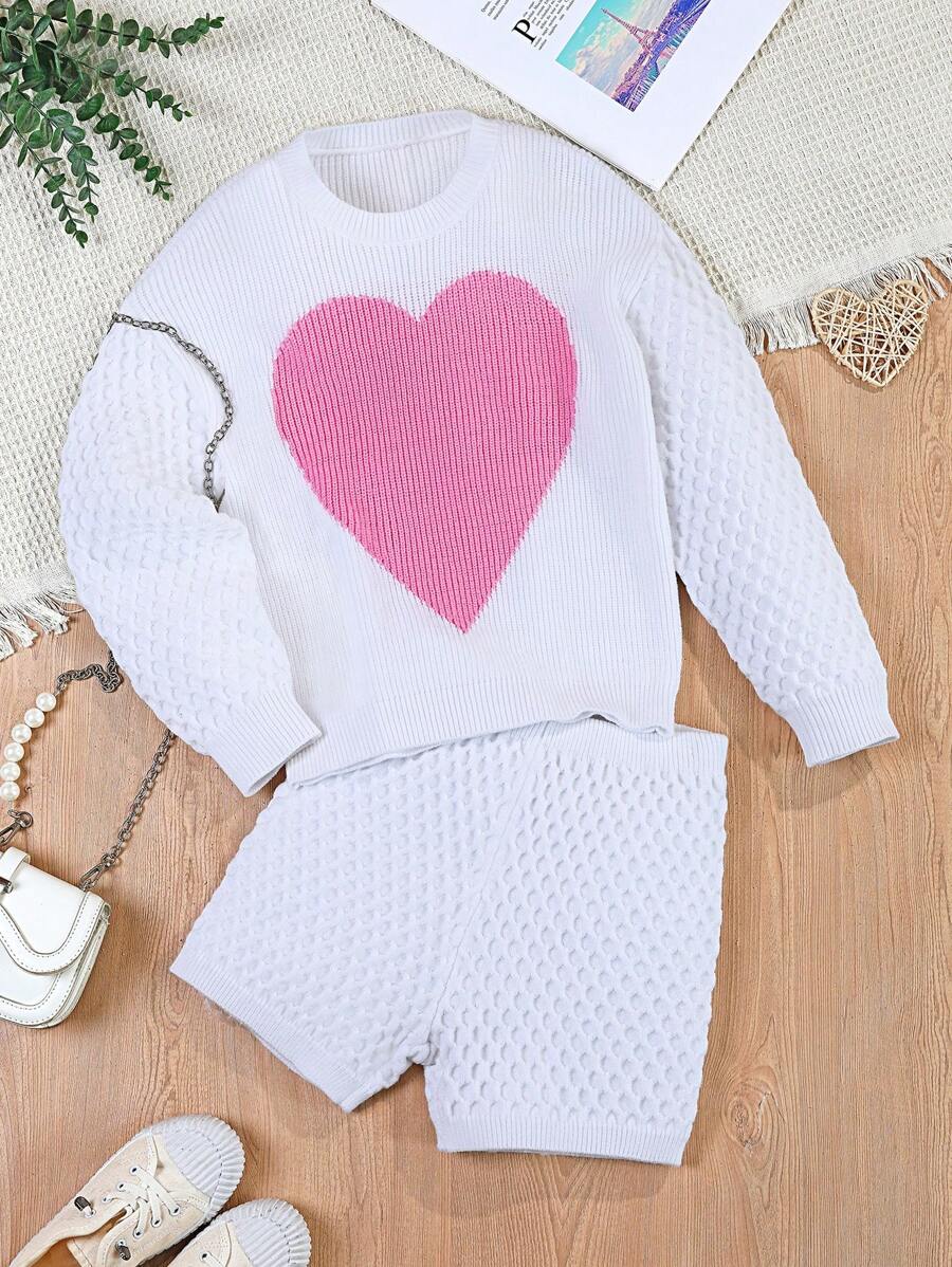 Girls Casual Heart Pattern Sweater And Loose Fit Shorts Outfit,White And Pink,Autumn,Cute,School New Design Back To School Outfit,Party Daily Wear Set - White - View 1
