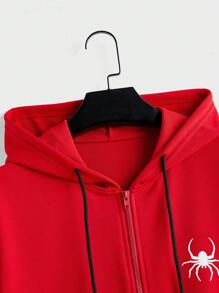 Manfinity Homme Men's Casual Spider Print Zip Up Drawstring Hooded Sweatshirt, Autumn - Red - View 4