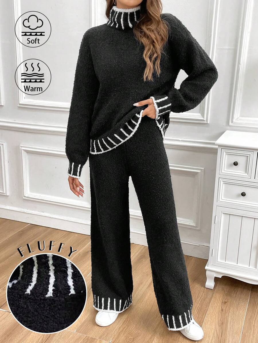 Chiquease 2 Stücke Damen gestreifter Stehkragen Drop-Shoulder Langarm-Pullover und gestrickter Hose Lässig Set, Herbst/Winter - Schwarz - Übersicht 1