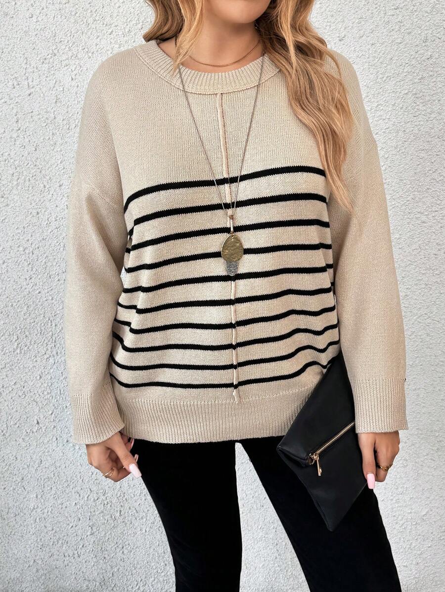 SHEIN LUNE Plus Size Women Stripe Round Neck Drop Shoulder Long Sleeve Casual Knit Pullover Sweater, Autumn/Winter Knit Pullover Fall Outfit