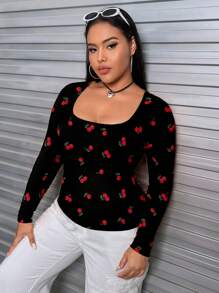SHEIN EZwear Casual Minimalist Full Print Cherry Pattern Plus Size Women Tight-Fitting T-Shirt, Spring/Autumn