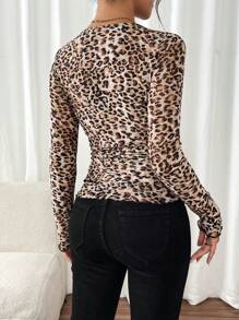 SHEIN Frenchy Women Casual Web-Eye Front Button Lace Patchwork Leopard Print V-Neck Long-Sleeved T-Shirt, Fall Leopard Top Winter Women Clothes Cheetah - Multicolor - View 2