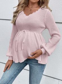 SHEIN Maternity Casual Ruffle Collar Lantern Sleeve Bowknot Waist Sweater, For Winter