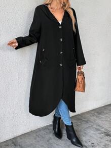 SHEIN LUNE 大码女式休闲单排扣连帽长款夹克，带斜口袋 - 黑色 - 查看 3