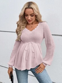 SHEIN Maternity Casual Ruffle Collar Lantern Sleeve Bowknot Waist Sweater, For Winter