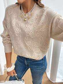 SHEIN Frenchy Áo len nữ mùa đông màu trơn, cổ tròn, tay dài, đan móc thủ công, thích hợp cho Lễ Tạ ơn và Ngày Valentine. - Màu be - Xem 1