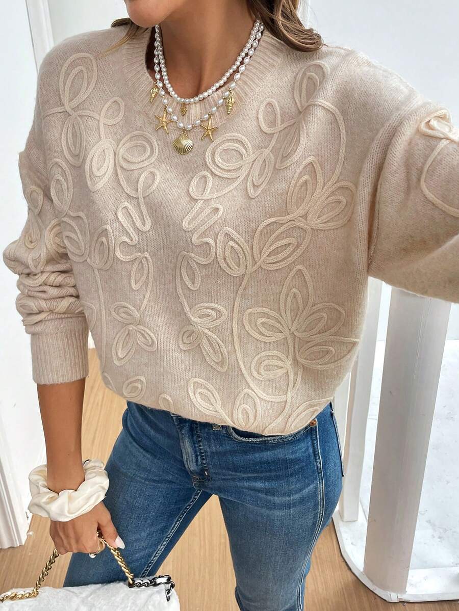 SHEIN Frenchy Áo len nữ mùa đông màu trơn, cổ tròn, tay dài, đan móc thủ công, thích hợp cho Lễ Tạ ơn và Ngày Valentine. - Màu be - Xem 1