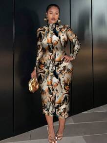 Slaydiva Ripple Print Casual Minimalist Plus Size Long Sleeve Round Neck Slim Fit Dress For Women, Spring/Autumn Chic Dress - Multicolor - View 4