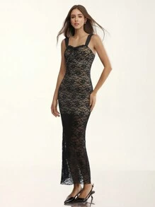 Glamine Glamour Damen elegantes figurbetontes Spitzen-Kontrast Schlitz-Trägerkleid