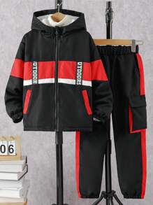 SHEIN Boys' Christmas Tracksuit Set With Ribbon Splicing Casual Commuting Long Pants - Red - View 3