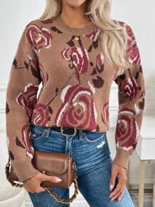 SHEIN LUNE 玫瑰印花圆领休闲提花针织长袖套头衫