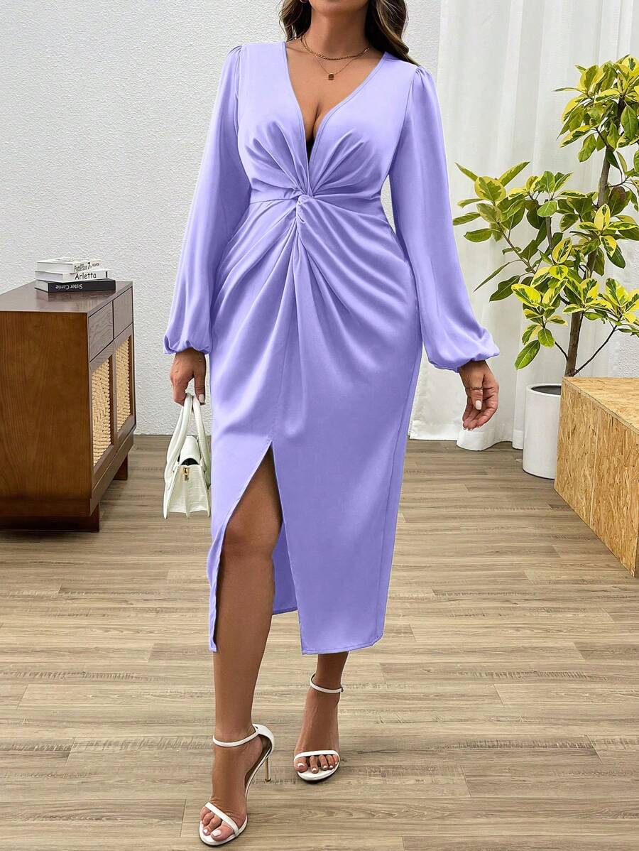 Celure Plus Size Vrouwen Effen Kleur V-hals Lantaarn Mouw Twist Taille Split Zoom Elegante Jurk, Herfst Maxi Vrouwen Outfit