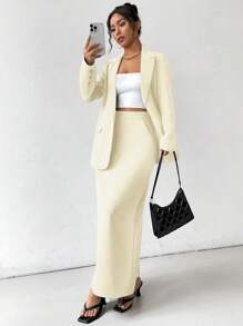 Chiquease Women's French Retro Casual Classic Grey Solid Minimalist Commuter Suit Skirt Set, Spring And Autumn - Apricot - View 4