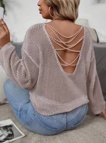 Calvaya Plus Minimalist Hollow Beaded Decor Pullover Sweater Knit Pullover Fall Winter - Dusty Purple - View 2