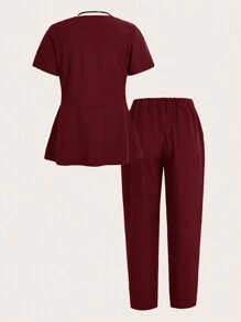 TaskEZ Burgundy Red Short-Sleeved Top And Pants Scrub Uniform Sets